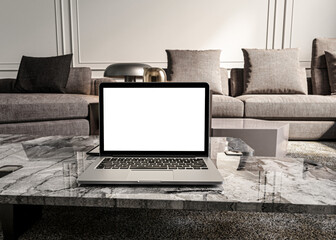 laptop copy space mock up with blank screen on living room, classic styled interior design aesthetic for blog, web, social media template