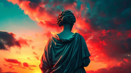 Statue silhouette against a dramatic sunset sky.
