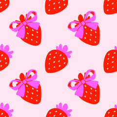 Seamless pattern with red strawberries and pink bows on a beige background. Girly background. Repeating print for fabric, wrapping paper, textile