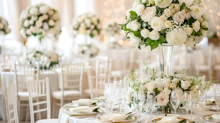 Wedding tables are decorated with white tablecloths floral image