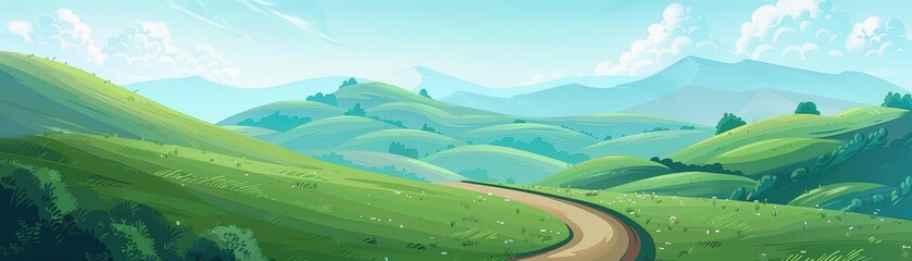Create a digital painting of a winding road through green hills