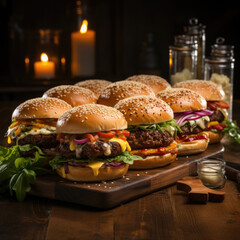 Grilled meat burger with fresh lettuce and tomato on dark background