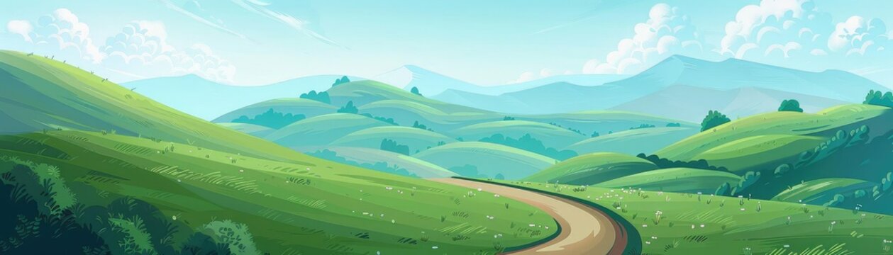 Create a digital painting of a winding road through green hills