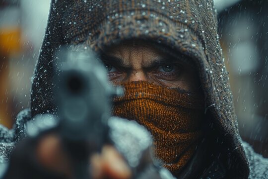Masked soldier holding a gun in the rain - Powered by Adobe