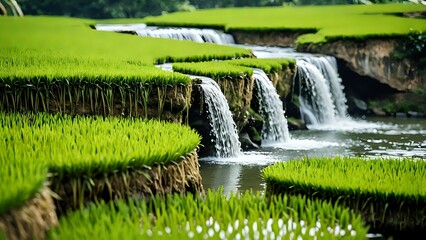 Tranquil waterfall flowing through lush green rice paddies.