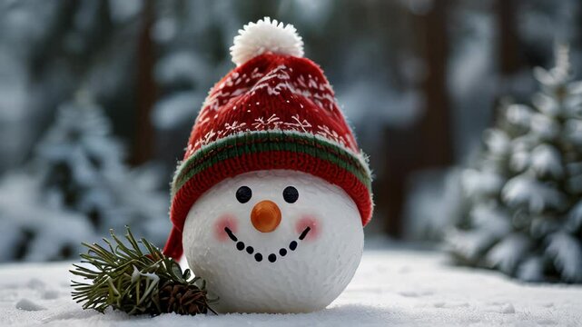 Christmas snowman in red hat and scarf stands in a snowy forest. Beautiful winter background. Happy new year greeting card. Copy space template
