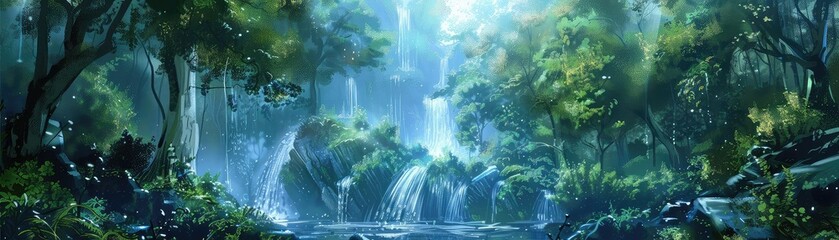 Obraz premium A beautiful landscape image of a lush green forest with a cascading waterfall