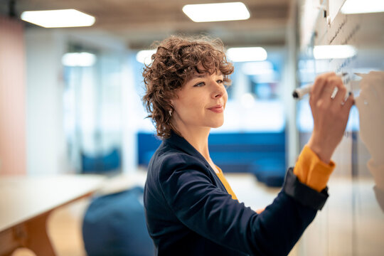 Smiling businesswoman planning and writing on whiteboard in office