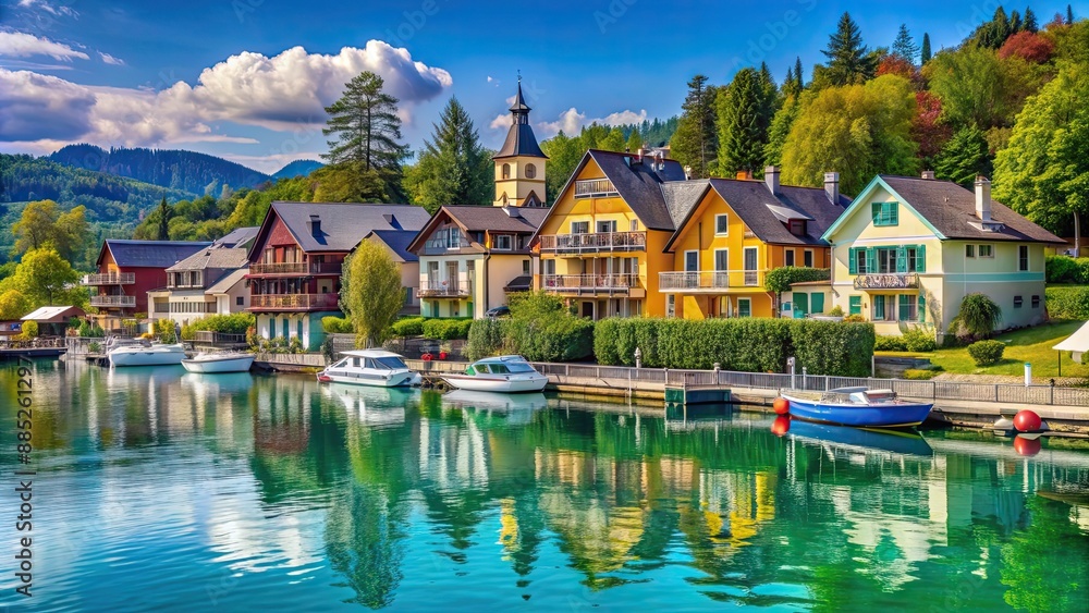 Poster Beautiful lakeside village with colorful houses and boats in Velden at the W?rthersee in K?rnten, Austria, Velden