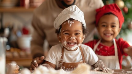 Two young children laugh heartily in the kitchen, messy with flour on their faces and aprons, enjoying a playful baking session with an adult assisting them.
