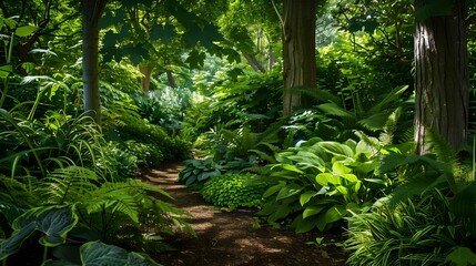 Fototapeta premium Shady garden with plants that prefer to grow picture