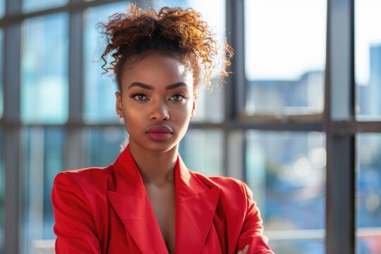 Business Woman Red. Professional African Female Entrepreneur Showing Leadership and Confidence