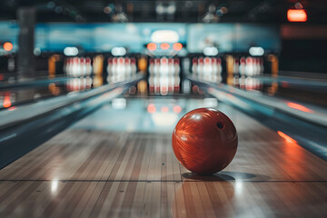 bowling ball and pins with arcade background