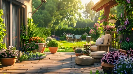 Fototapeta premium A terrace with decorative flowerpots and comfortable chairs image