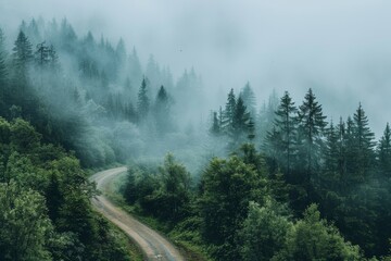 winding path way road going through foggy serenity minimalist misty Kinfolk forest during early morning or twilight hours, copy space. cold mysterious weather mood