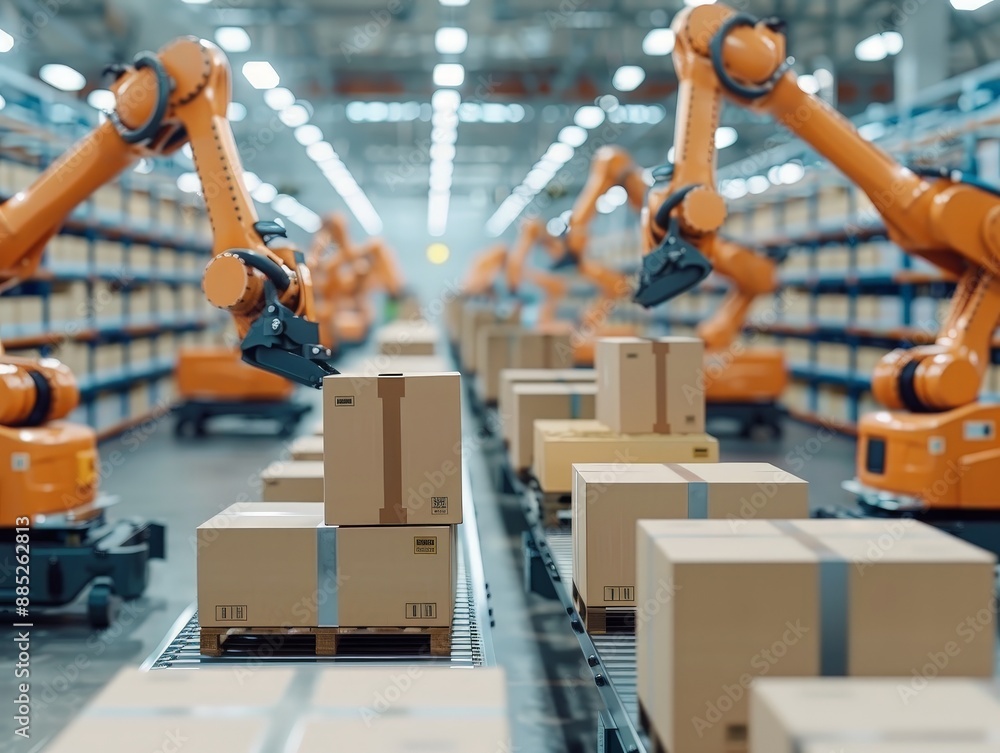 Poster futuristic high-tech warehouse: robotic arms sorting packages and agvs transporting items in automat