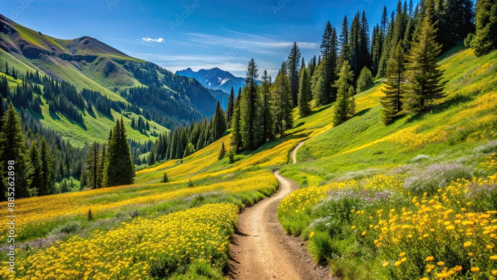 Sticker Dirt hiking path winding through meadow full of yellow wildflowers next to steep valley, pine woodland