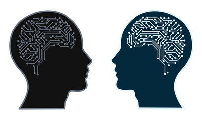 Two heads with electronic brains communicating with each other. The concept of artificial intelligence and working with data. Profile of a person with brains in the form of a line and a dot.