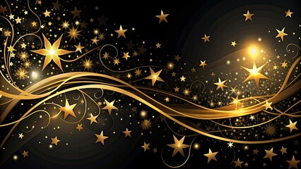 Abstract black and gold background with stars and swirls, abstract, black, gold, stars, swirls, backdrop, dark, elegant