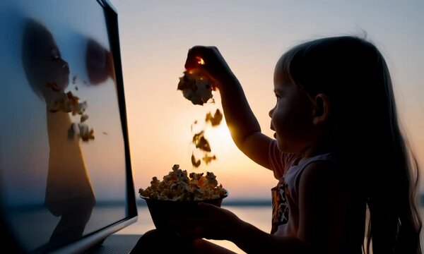 silhouette of a little girl eating popcorn