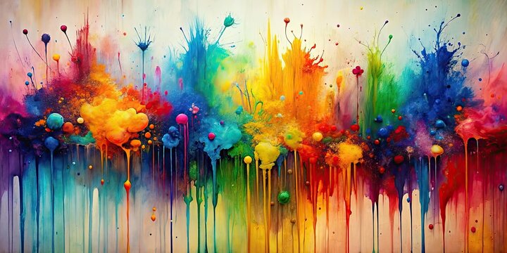 Abstract painting with vibrant, spontaneous drips and splatters capturing movement, abstract, painting, vibrant, colorful