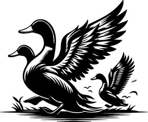 Fototapeta premium A duck is a waterfowl known for its broad bill, webbed feet, and quacking sound. Ducks are found in freshwater habitats, exhibiting colorful plumage and social behavior.