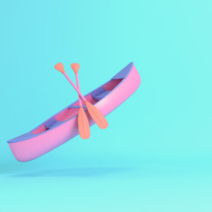Pink canoe with paddles on bright blue background in pastel colors
