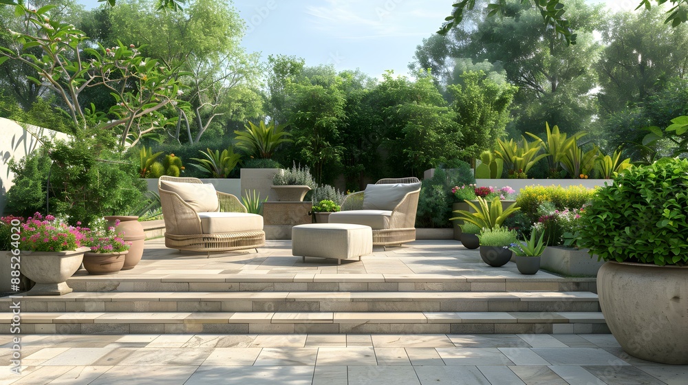 Wall mural terrace with stone steps and soft chairs decorated image