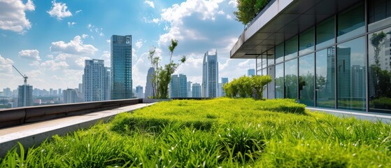 Naklejka premium A green rooftop garden on a modern building, with the city skyline in the background and space for text