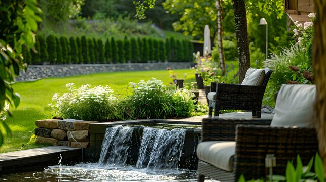 Terrace with a mini-waterfall and comfortable chairs decorated img