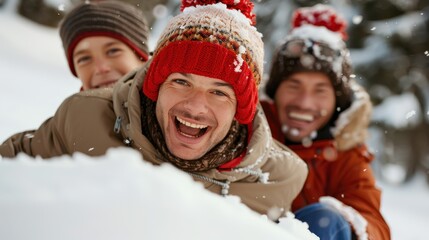 A group of men in winter clothing laugh and enjoy each other's company in the snow, representing friendship, camaraderie, and joy in the cold outdoors while bonding.