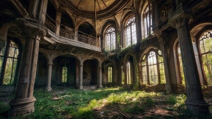 Fototapeta premium Magnificent abandoned medieval mansion as if from a fairy tale. AI generation.