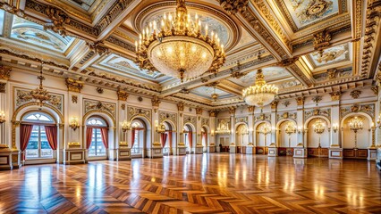 Obraz premium Regal ballroom with ornate details and high ceilings , vintage, old key, wall background, hotel, luxury, elegance, grand