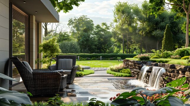 Terrace with a mini-waterfall and comfortable chairs decorated