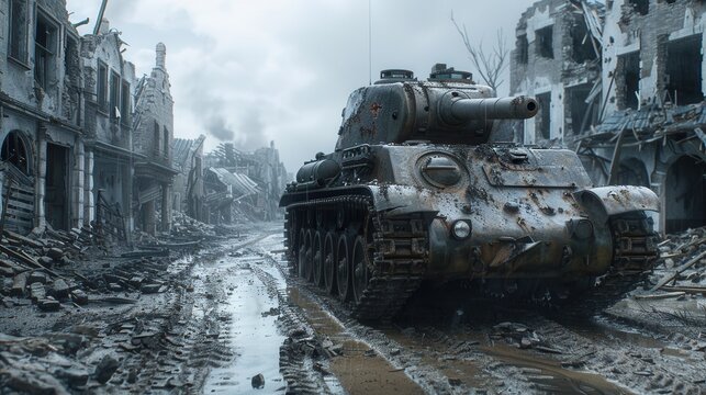 A WWII tank covered in battle damage, set in a war-torn village background