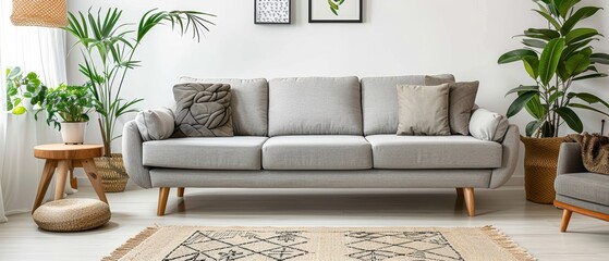 A living room with clean lines, featuring a minimalist grey couch, a simple rug, and a few green plants for a touch of nature