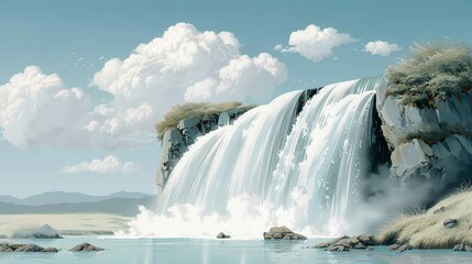 Capture the enchanting beauty of waterfall landscapes, where cascading streams and misty spray create a spectacle of natural power and aquatic splendor. Illustration, Image, , Minimalism,