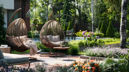 Terrace with hanging chairs and table