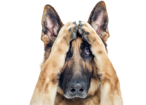Pet Dog Adorable German Shepherd Covering Eyes with Paws - Perfect for Cute and Playful Designs PNG Cutout.