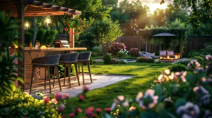 Terrace with outdoor bar and high bar stools picture