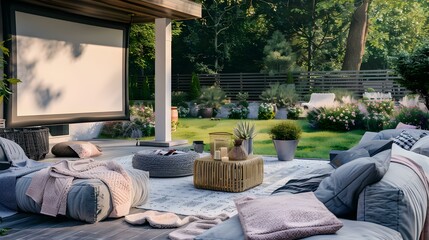 Fototapeta premium Terrace with an outdoor cinema and soft sofas img