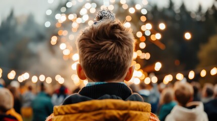 A young boy stands facing away, watching a display of glowing lights and festive decorations at an outdoor event, creating a captivating scene of joy and wonder.