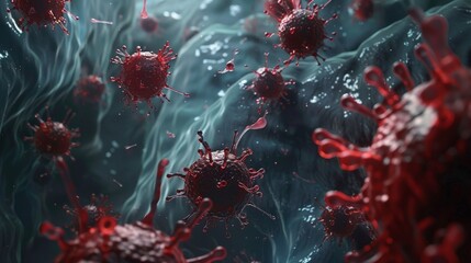 Red viruses swim through a glowing blue void