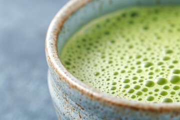Frothy matcha tea fills a rustic ceramic mug, showcasing texture and vibrant green color. Bubbles add warmth to this healthy drink, perfect for cozy days