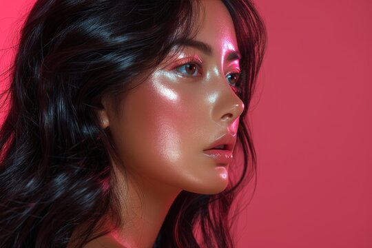 Asian woman with long hair in pink lighting