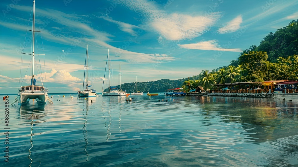 Wall mural Tropical bay with yachts and boats img