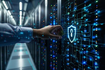 cyber security person locking digital padlock shield icon, minimalist digital environment or secure data centers, conveying the importance of protecting sensitive information 