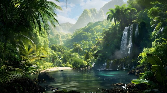 A rainforest with tropical plants and animals stretching image