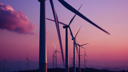 Fototapeta premium A row of wind turbines at sunset, with a gradient sky providing copy space