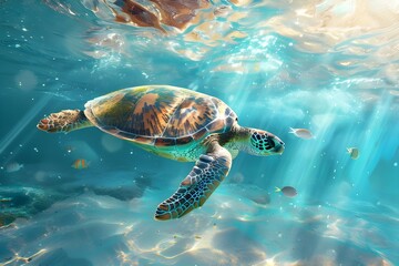 Obraz premium A peaceful and beautiful sight of a sea turtle swimming leisurely with small tropical fish in the tropical sea.